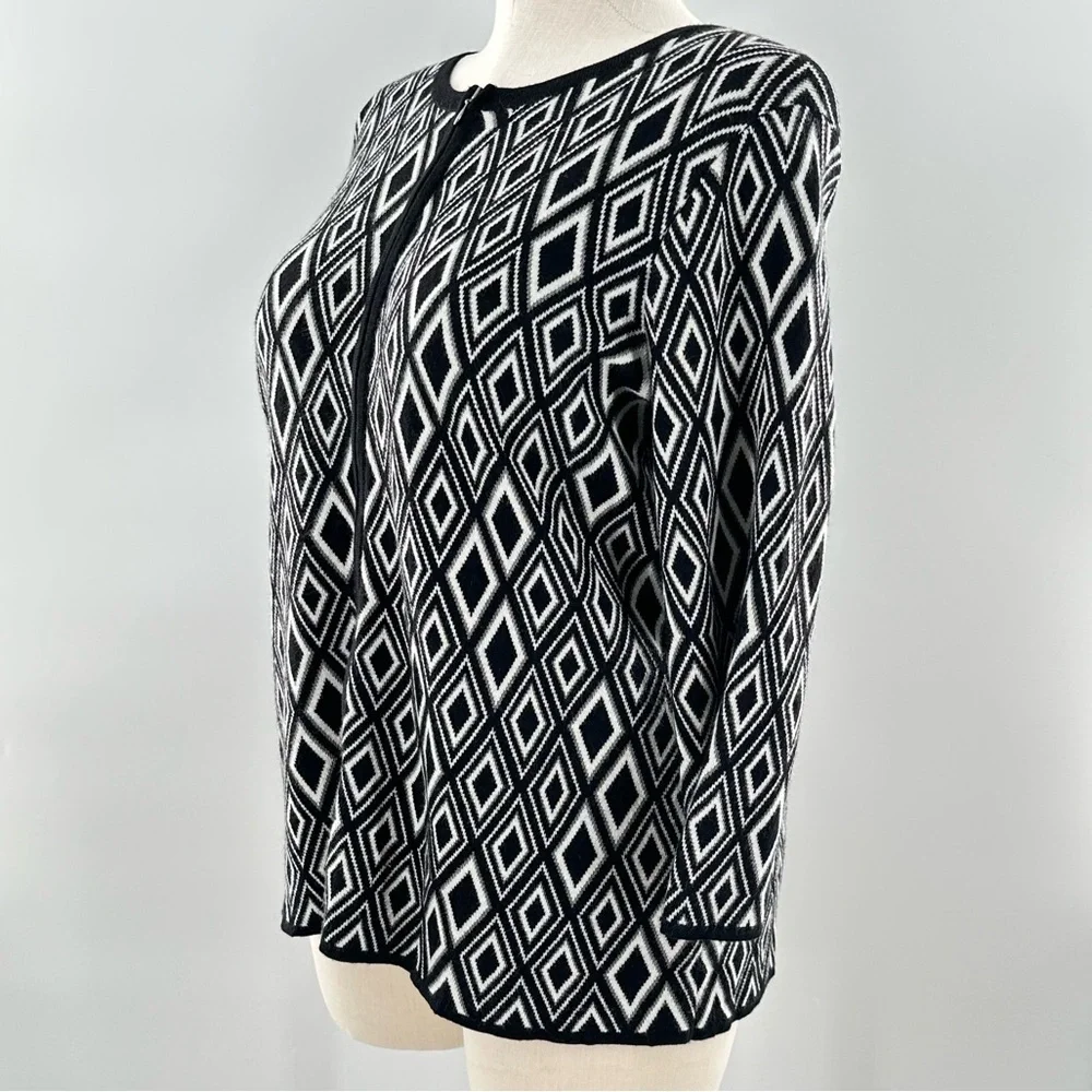 Coldwater Creek sweater 1X 18 black white diamond 50% merino wool cardigan